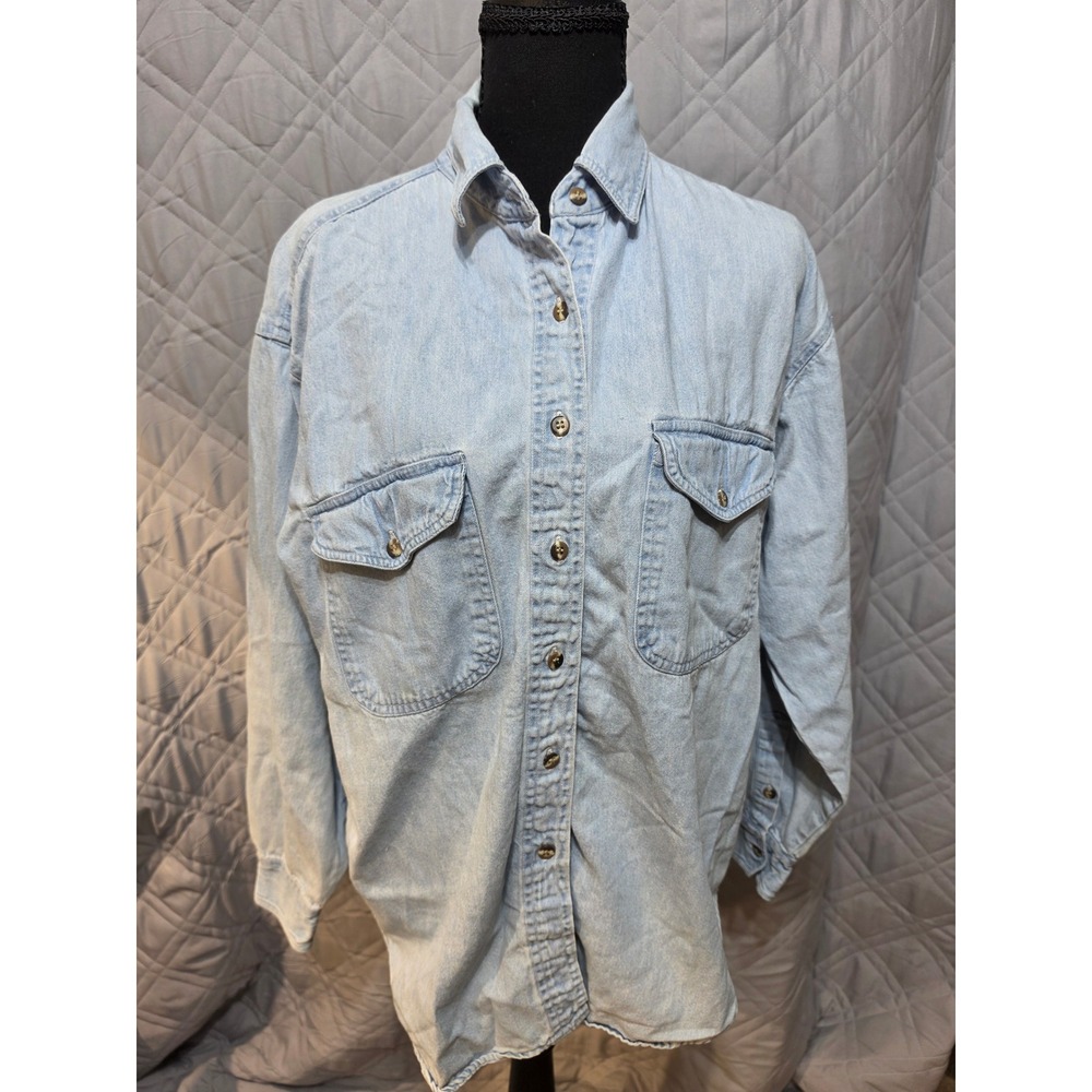 Cotton Express Womens Light Wash Denim Button Down Shirt Long Sleeve Pockets